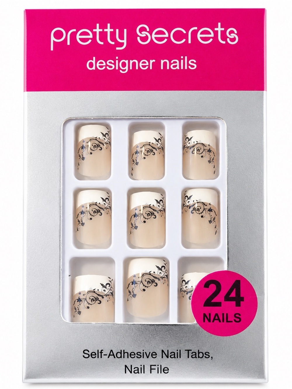 Pretty Secrets Designer Press-On Nails French Tip Black Floral | 24 Nails | New